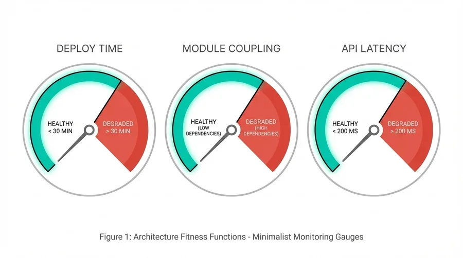 Schéma de trois fitness functions architecturales : temps de mise en production, couplage des modules, latence API, avec seuils de santé et de dégradation