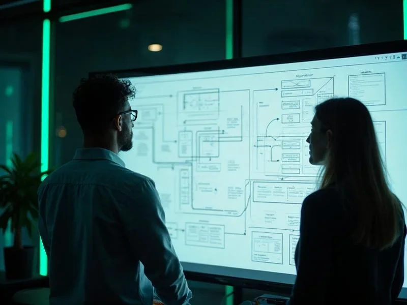 Équipe technique devant un diagramme d’architecture