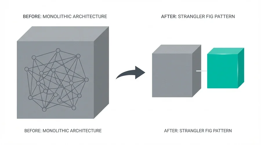 Diagramme du pattern Strangler Fig : un module est extrait du monolithe et isolé derrière une frontière API, pendant que le reste du système continue de fonctionner